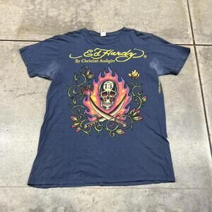 vintage ed hardy christian audiger skull flame sword blue shirt size large